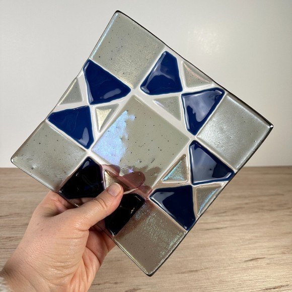 Fused Dichroic Art Glass Trinket Dish Bowl Square Iridescent  VTG 7" W Blue - Picture 2 of 8